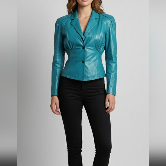 Bergdor Italia Vintage 80s Teal Green Leather Blazer Jacket Fitted Waist Size 4 - Picture 1 of 9